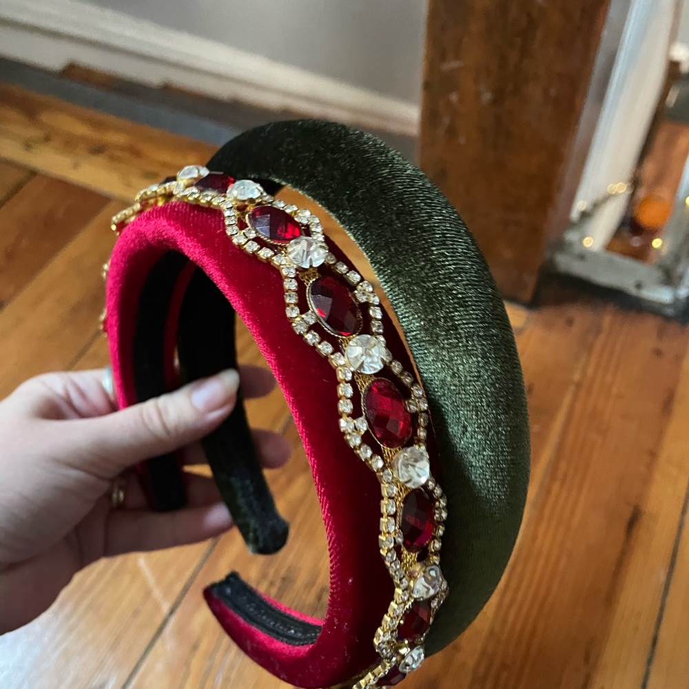 Padded velvet headbands - sage green bejeweled red